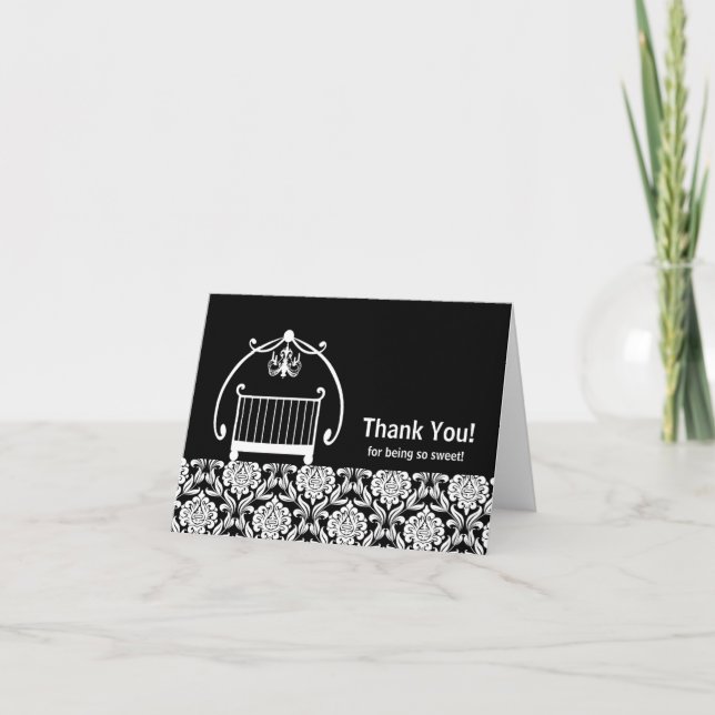 Black & White Damsask Crib Thank You Note Card (Front)