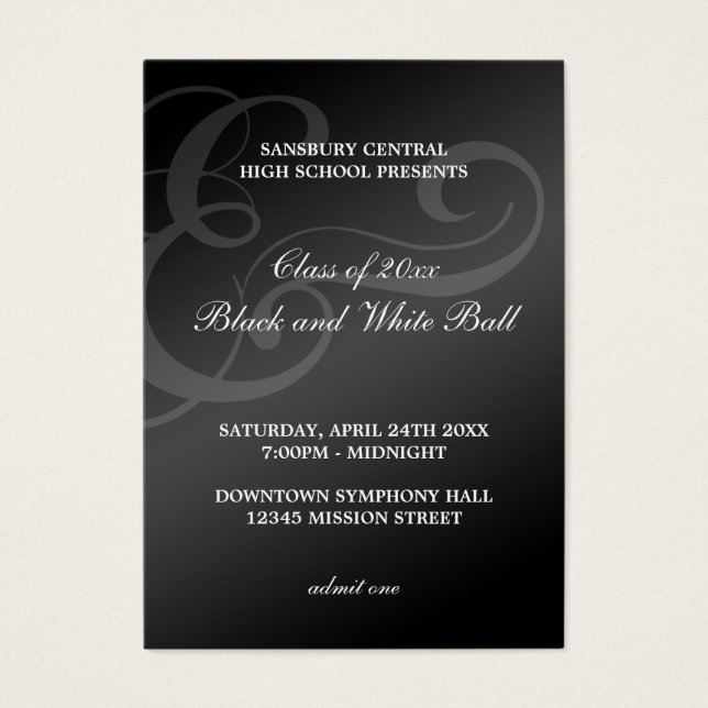 Black white dance formal prom bid admission ticket (Front)
