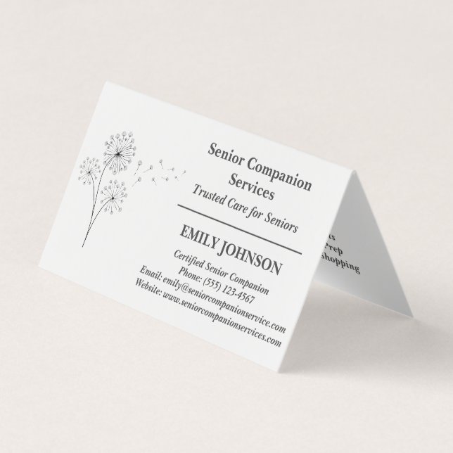 Black & White Dandelion Senior Companion Caregiver Business Card (Front)