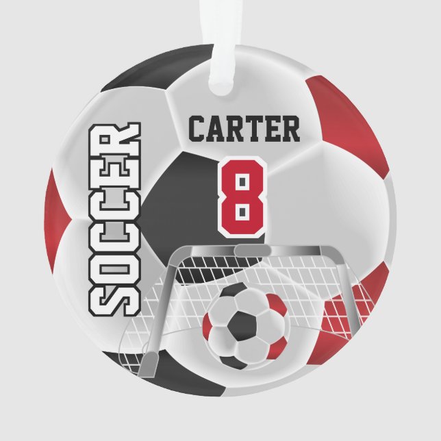 Black, White & Dark Red Personalise Soccer  ⚽ Ornament (Back)