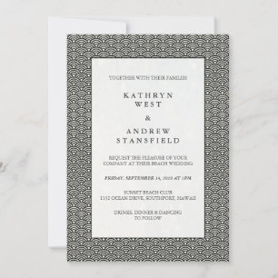 Black + White Deco Japanese Seigaiha Waves Wedding Invitation