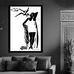 Black White Deco woman beach champagne  Poster<br><div class="desc">Black White Deco woman beach champagne Seagulls Vintage Art Deco Black White Woman</div>