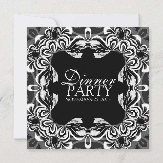 Black White Decor Lace Elegant Dinner Party Invite (Front)