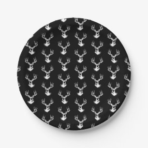 Black & White Deer Antlers Print Pattern Vintage Paper Plate