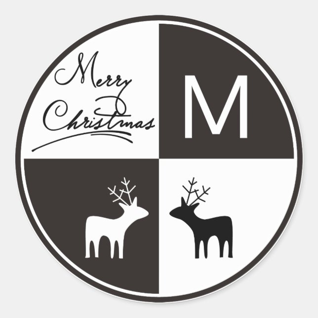Black, white deer Merry Christmas monogram modern Classic Round Sticker (Front)