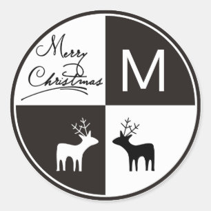 Black, white deer Merry Christmas monogram modern Classic Round Sticker