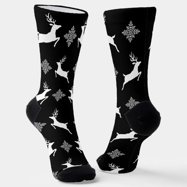 Black & White Deers & Snowflakes Christmas Pattern Socks (Angled)