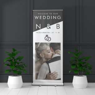 Black White Diagonal Colour Block Monogram Wedding Retractable Banner