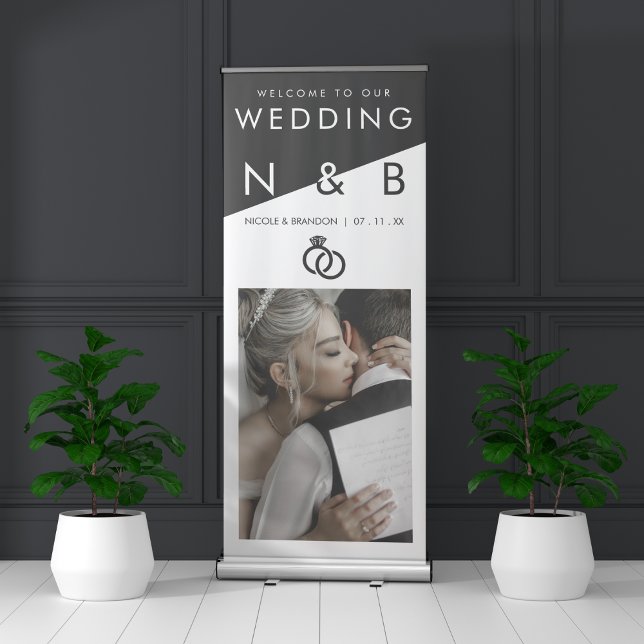 Black White Diagonal Colour Block Monogram Wedding Retractable Banner (Black White Diagonal Color Block Monogram Wedding Retractable Banner)