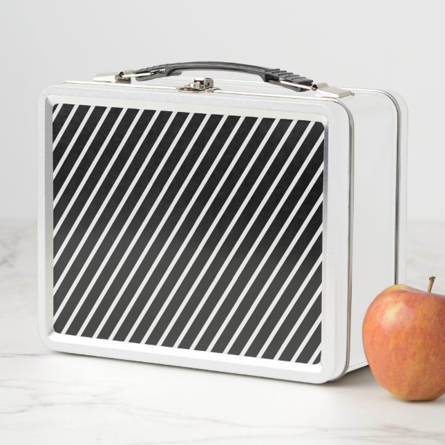 Black & White Diagonal Lines Pattern Metal Lunch Box (In Situ)