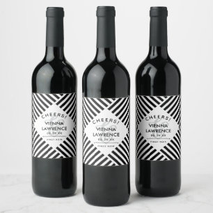 Black & White Diagonal Lines Wedding Wine Label