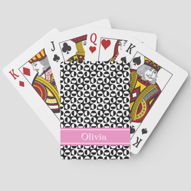 Black & White Diagonal Retro Pattern w/ Pink Band Playing Cards (Back)