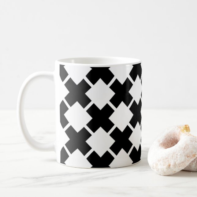 Black White Diagonal Rustic Lines Pattern  Coffee Mug (With Donut)