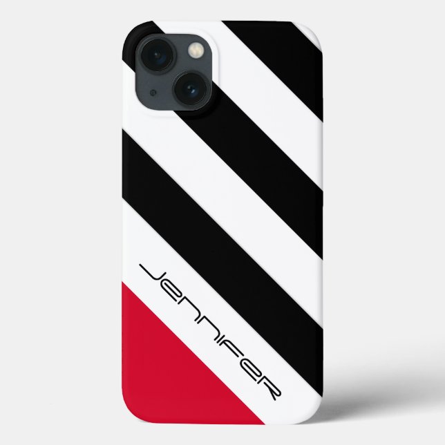 Black & White Diagonal Stripe, Name, Red Case-Mate iPhone Case (Back)