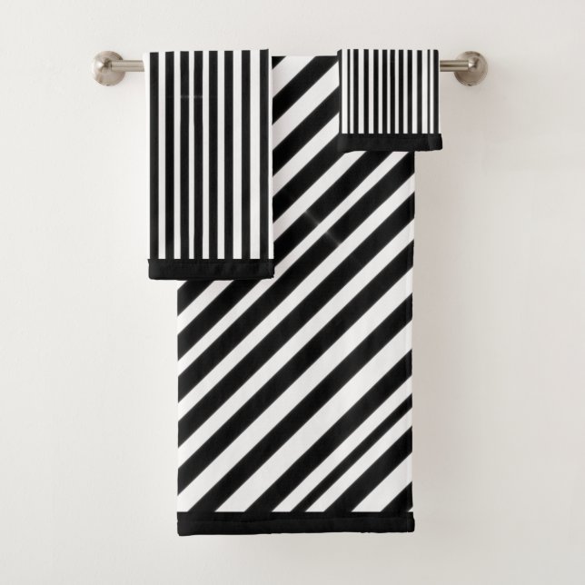 Black White Diagonal Stripes  Bath Towel Set (Insitu)