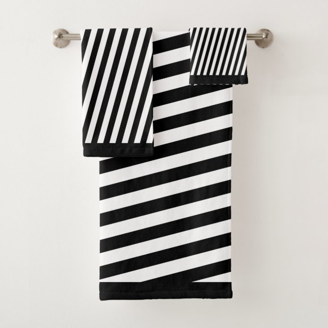 Black White Diagonal Stripes  Bath Towel Set (Insitu)
