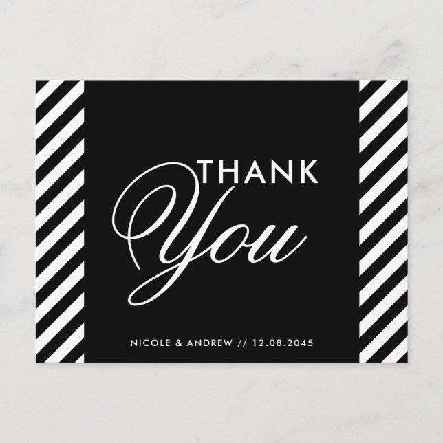 Black & White Diagonal Stripes Thank You Post Card (Front)