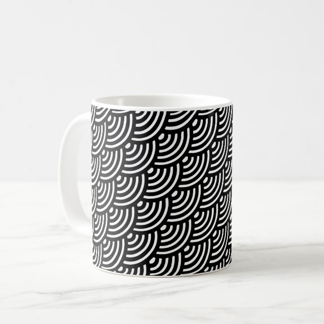 Black White Diagonal Wave Curved Geometric Pattern Coffee Mug (Front Left)