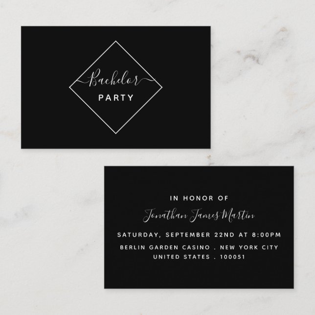 Black & White Diamond Bachelor Party Ticket Invite (Front/Back)