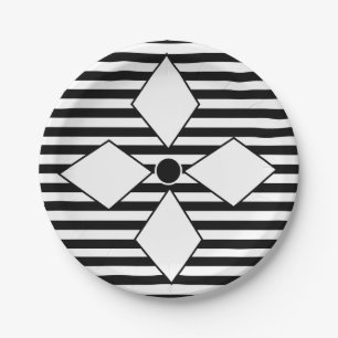Black White Diamond Geometric Stripes Pattern Paper Plate
