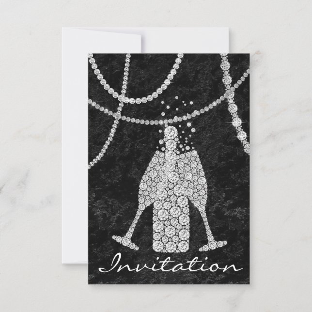 Black White Diamond Glass Bubbles Champagne Bottle Invitation (Front)