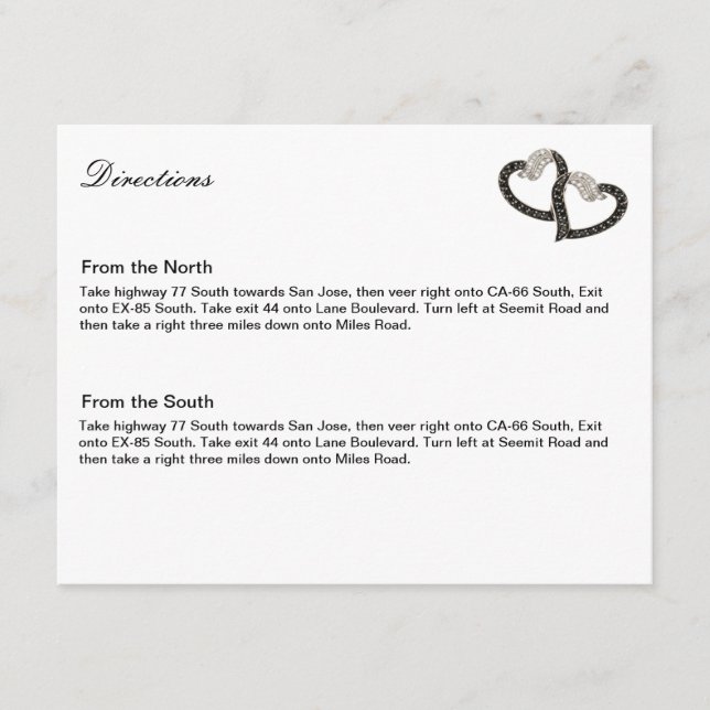 Black & White Diamond Hearts Direction Card (Front)