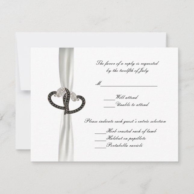 Black & White Diamond Hearts Wedding Response Card (Front)