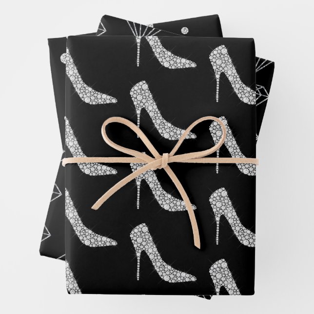 Black White Diamond High Heel Shoe Wedding Wrapping Paper Sheet (In situ)