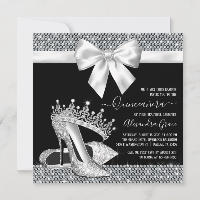 Black White Diamond Tiara Shoe Glam Quinceanera Invitation (Front)