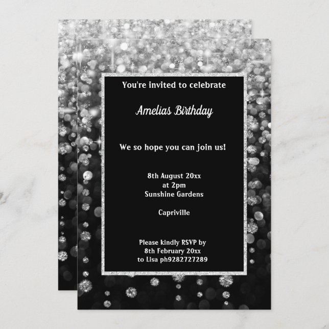 BLACK WHITE DIAMOND WATERFALL BIRTHDAY PARTY  INVI INVITATION (Front/Back)