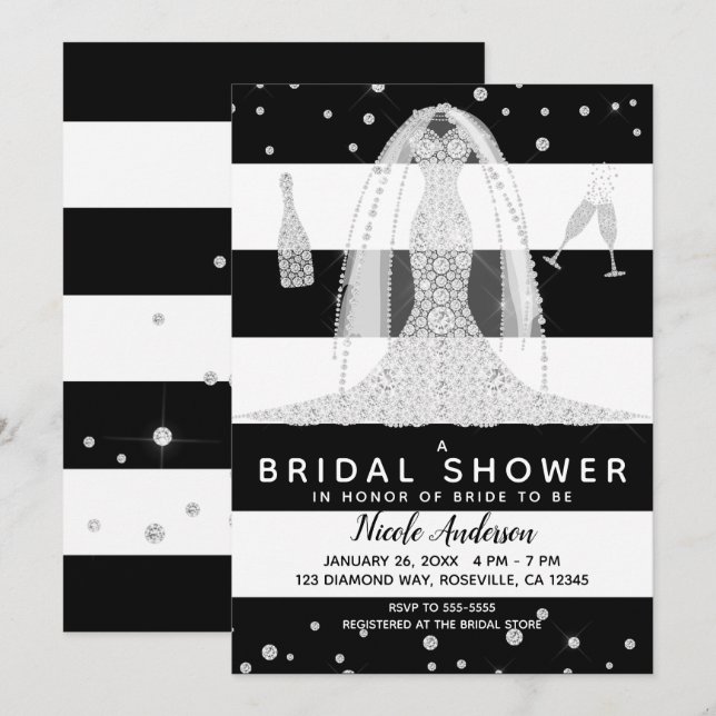 Black White Diamond Wedding Dress Bridal Shower Invitation (Front/Back)