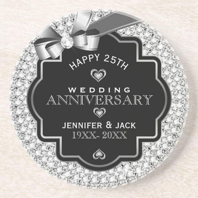 Black & White Diamonds 25th Wedding Anniversary Coaster (Front)