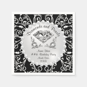 Black White Diamonds and Pearls Birthday Napkins