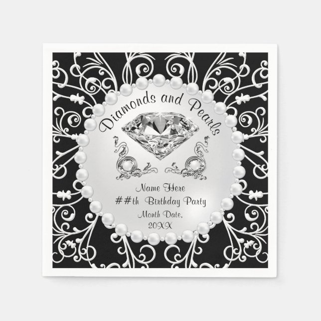 Black White Diamonds and Pearls Birthday Napkins (Front)