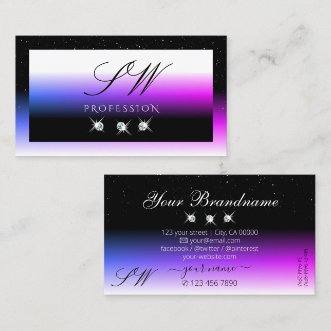 Black White Diamonds Pink Purple Gradient Initials Business Card (Front/Back)