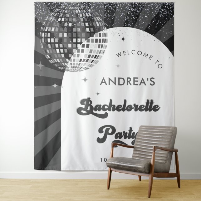 Black White Disco Ball Bachelorette Party Backdrop Tapestry (In Situ)