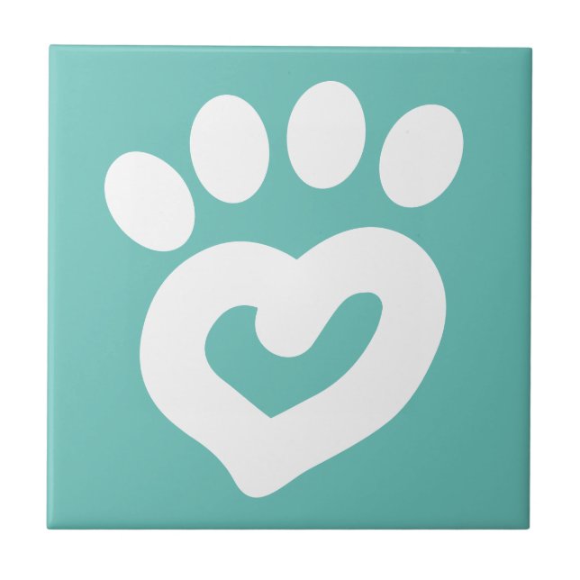 Black & White Dog Heart Paw Print Teal Tile (Front)