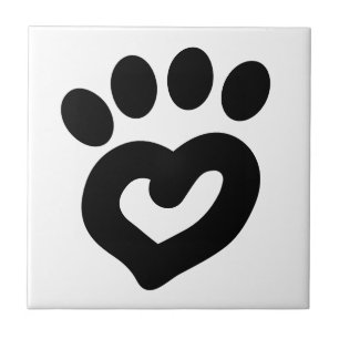 Black & White Dog Heart Paw Print Tile