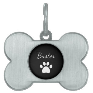Black White Dog Paw Print Simple Script  Pet ID Tag