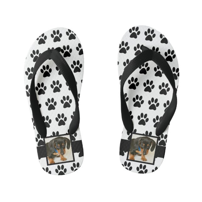 Black White Dog Pet Lover Photo Collage Pawprint Kid's Flip Flops (Footbed)
