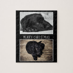 Black White Dog Puppy 2 Photo Collage Christmas Jigsaw Puzzle
