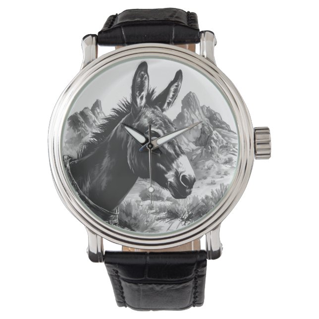 Black & White Donkey Portrait Western Desert Watch (Front)