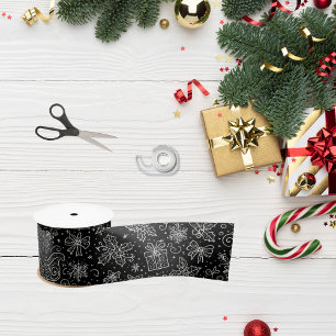 Black & White Doodle Christmas Sleigh Pattern Satin Ribbon