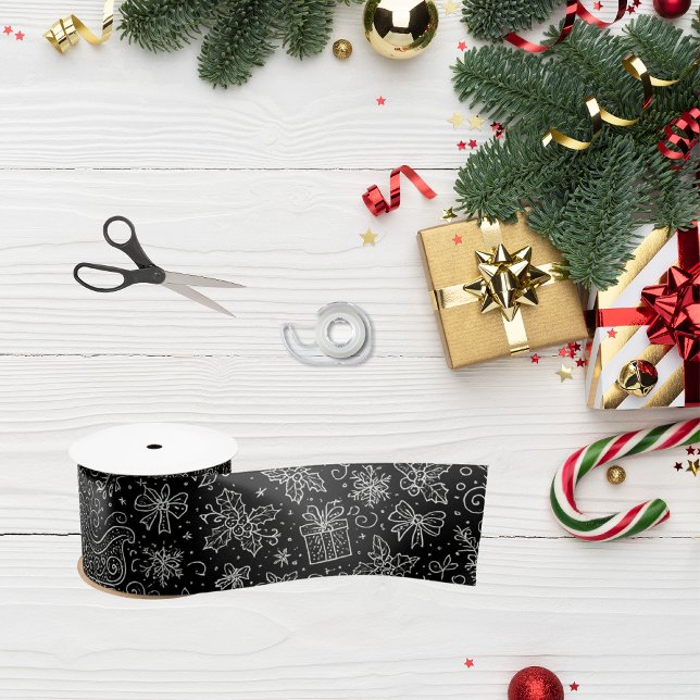 Black & White Doodle Christmas Sleigh Pattern Satin Ribbon (Creator Uploaded)