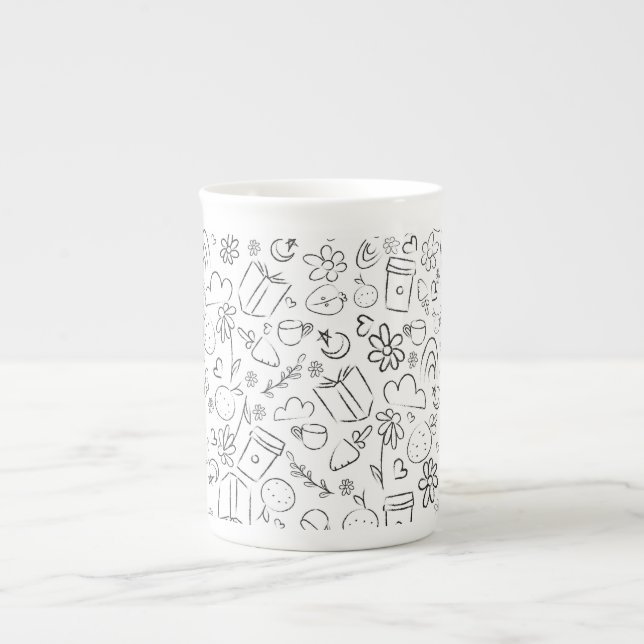 Black & White Doodle Cute Things Seamless Pattern Bone China Mug (Front)