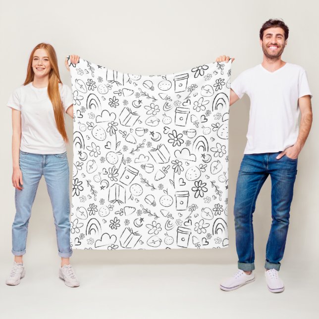Black & White Doodle Cute Things Seamless Pattern Fleece Blanket (In Situ)