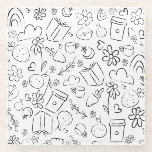 Black & White Doodle Cute Things Seamless Pattern Glass Coaster