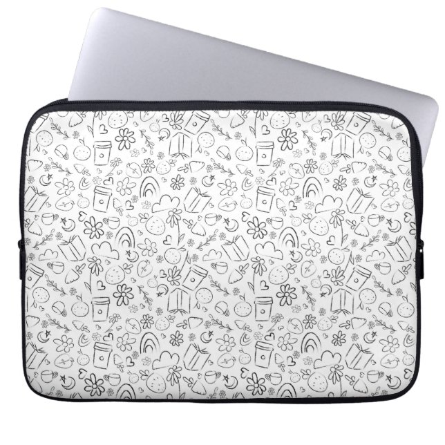 Black & White Doodle Cute Things Seamless Pattern Laptop Sleeve (Front)