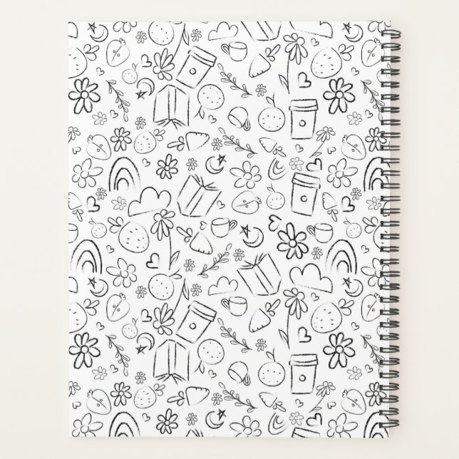 Black & White Doodle Cute Things Seamless Pattern Planner (Back)