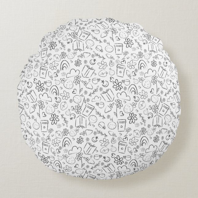 Black & White Doodle Cute Things Seamless Pattern Round Cushion (Front)